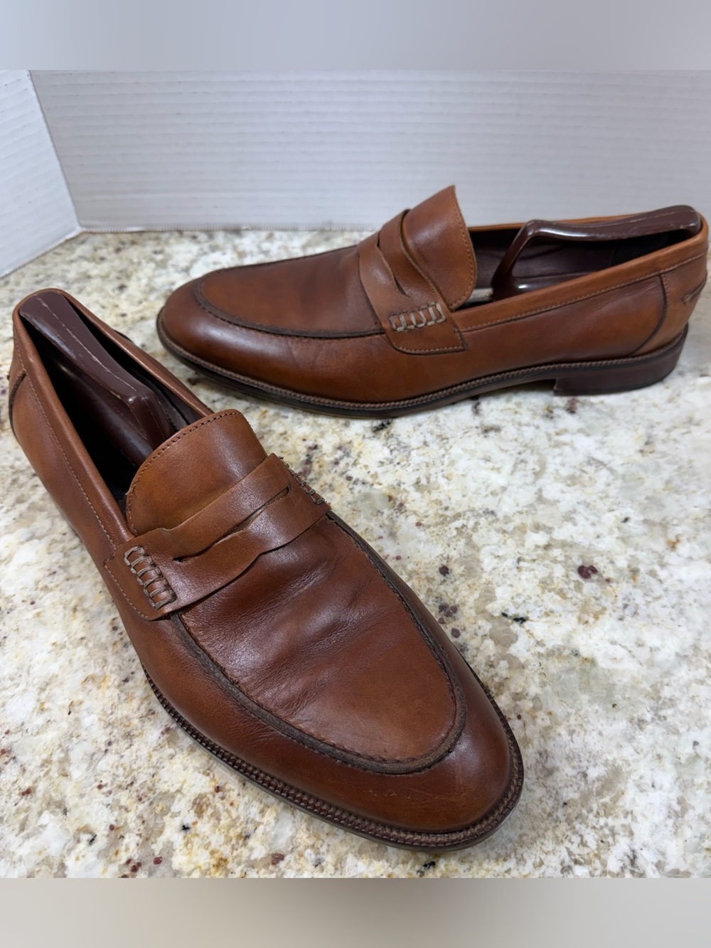 Blake McKay Mens 9.5 Cognac Brown Leather Penny Loafers Moc Toe Slip On Shoes
